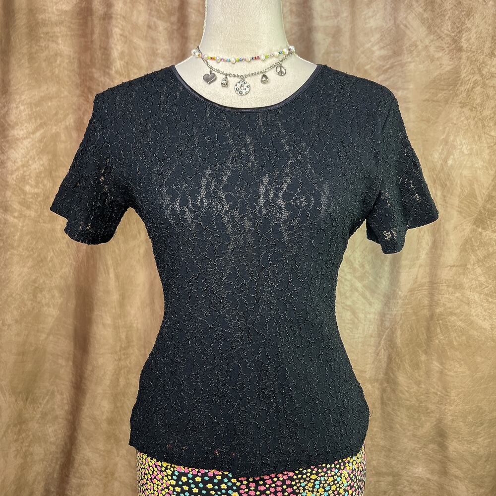 Y2K Lace Top Black Short Sleeve Vintage 2000s Abstract Floral Mesh Whimsigoth
